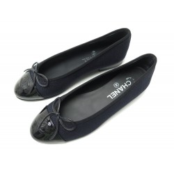 NEUF CHAUSSURES CHANEL BALLERINES LOGO CC G02819 37.5 TOILE ET CUIR SHOES 890€