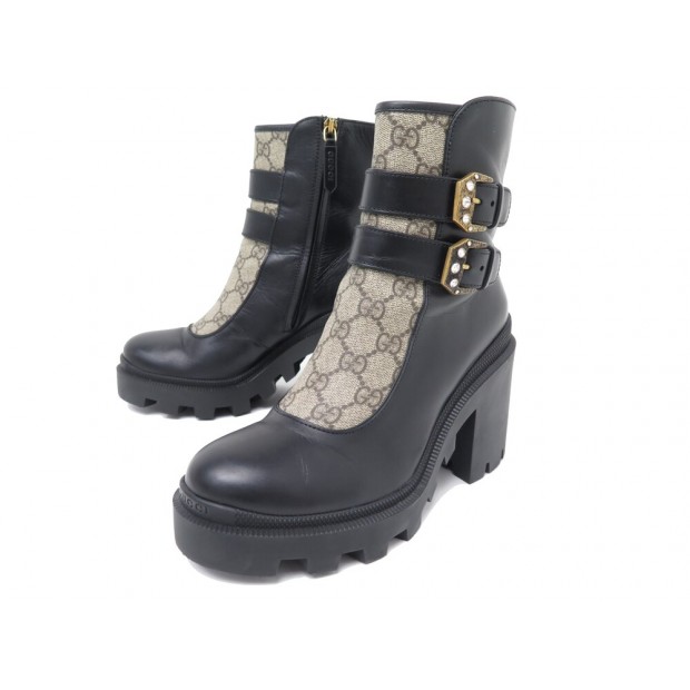 CHAUSSURES BOTTINES GUCCI BOUCLES 701100 38.5 IT 39.5 FR TOILE SUPREME GG 1190€