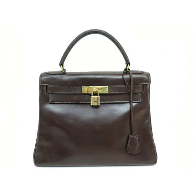 VINTAGE SAC A MAIN HERMES KELLY 28 RETOURNE EN CUIR BOX MARRON 1965 LEATHER BAG