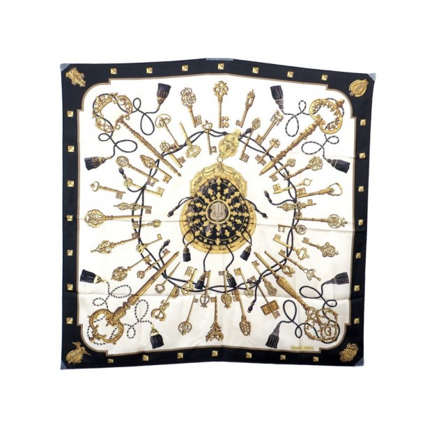 FOULARD HERMES LES CLES DE CATHY LATHAM EN SOIE NOIR FEMME BLACK SILK SCARF 345€