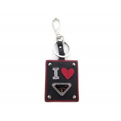 NEUF PORTE CLES PRADA MOTIF I LOVE EN CUIR SAFFIANO NOIR NEW KEY HOLDER 380€