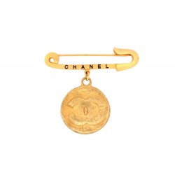 VINTAGE BROCHE CHANEL EPINGLE MEDAIL LOGO CC 1994 METAL DORE GOLDEN STEEL BROOCH