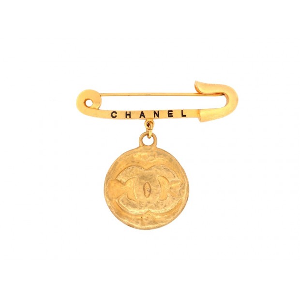 VINTAGE BROCHE CHANEL EPINGLE MEDAIL LOGO CC 1994 METAL DORE GOLDEN STEEL BROOCH