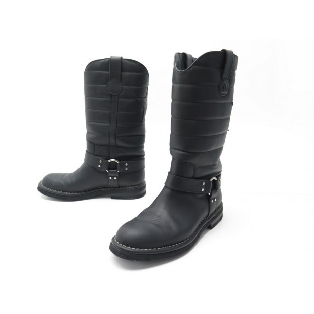 BOTTES CHANEL G30209 MOTARDES CUIR NOIR MATELASSE 39 BIKER QUILTED BOOTS 1700€