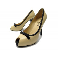 CHAUSSURES CHANEL NOEUD G26375 ESCARPINS OPEN TOE 38.5 BEIGE & NOIR SHOES 1050€