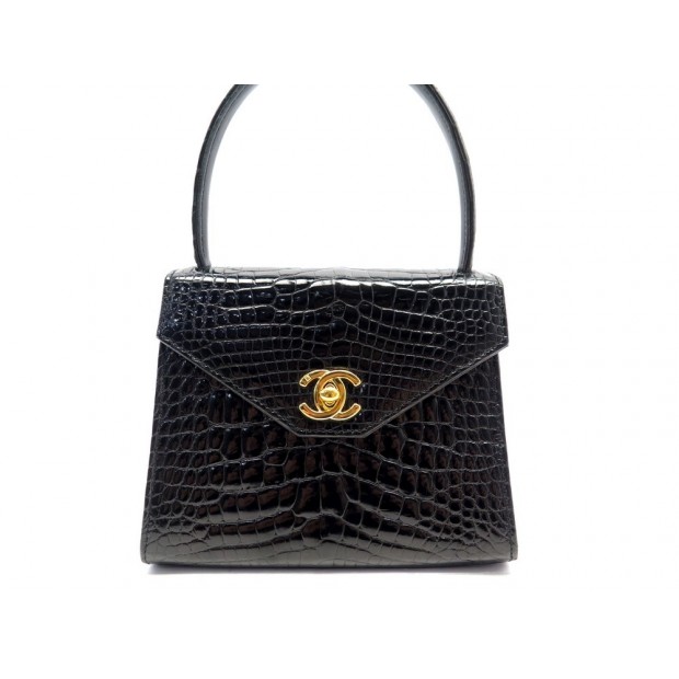 VINTAGE SAC A MAIN CHANEL MINI RABAT FERMOIR TIMELESS EN CUIR CROCODILE NOIR BAG