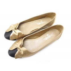 CHAUSSURES CHANEL BALLERINES NOEUD 40 EN SATIN DORE GOLDEN FLAT SHOES 890€