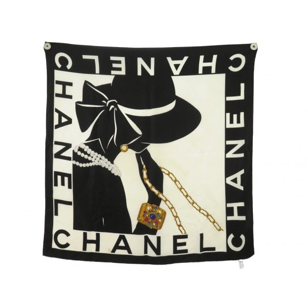 FOULARD CHANEL COCO MADEMOISELLE 90 CM EN SOIE NOIRE ECRUE BIJOUX GRIPOIX SCARF