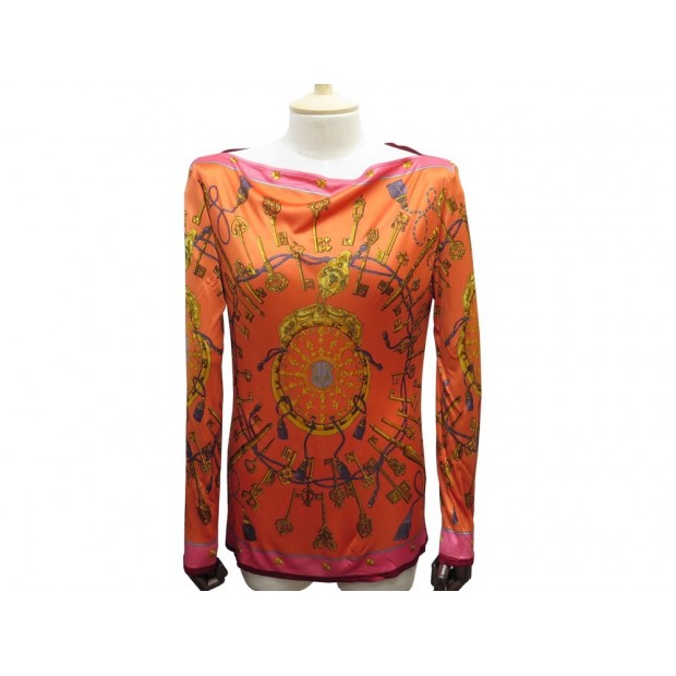 HAUT HERMES FOULARD LES CLES L 42 EN VISCOSE ORANGE ROSE ET DORE TOP KEYS 1700€