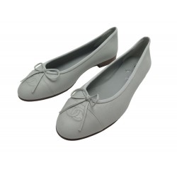 NEUF CHAUSSURES CHANEL BALLERINES LOGO CC GO2819 38.5 CUIR GRIS BOITE SHOES 890€