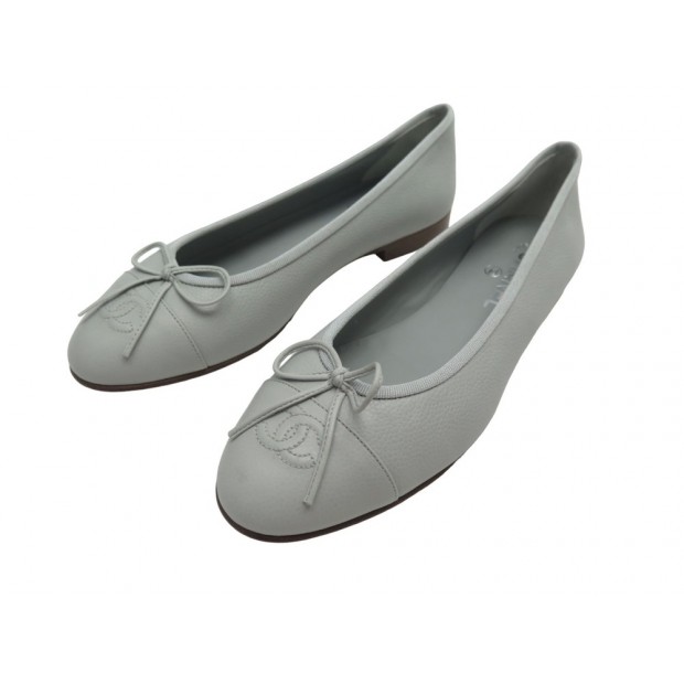 NEUF CHAUSSURES CHANEL BALLERINES LOGO CC GO2819 38.5 CUIR GRIS BOITE SHOES 890€