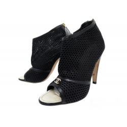 CHAUSSURES CHANEL MESH OUVERTE LOGO CC 37.5 OPEN TOE CUIR LEATHER BOOTS 1550€