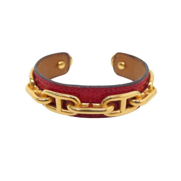 BRACELET HERMES MAILLONS CHAINE D'ANCRE 20 CUIR LEZARD ROUGE LEATHER BANGLE 555€