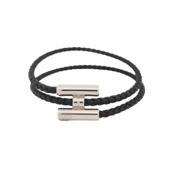 NEUF BRACELET HERMES TOURNIS DOUBLE TOUR T 22 5 CUIR TRESSE NOIR BANGLE 395€