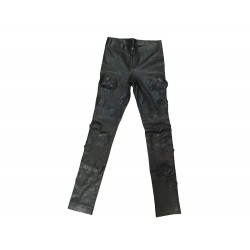 PANTALON CHANEL STRETCH CAMELIAS P38685C00123 XS 34 EN CUIR NOIR PANTS 8950€