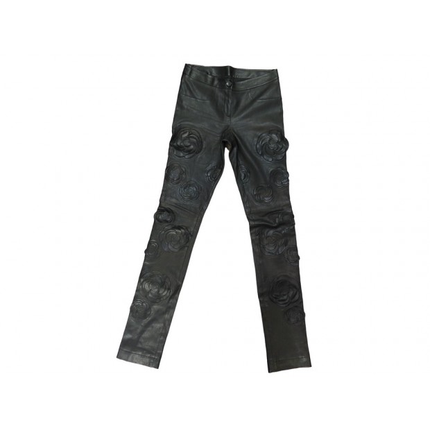 PANTALON CHANEL STRETCH CAMELIAS P38685C00123 XS 34 EN CUIR NOIR PANTS 8950€