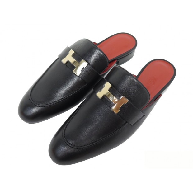 NEUF CHAUSSURES HERMES MULES TROCADERO H192193Z 38.5 EN CUIR NOIR SHOES 800€