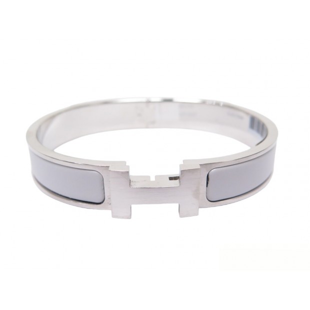 NEUF BRACELET HERMES CLIC HH 17 CM EN EMAIL GRIS CLAIR ET METAL ARGENTE NEW 615€