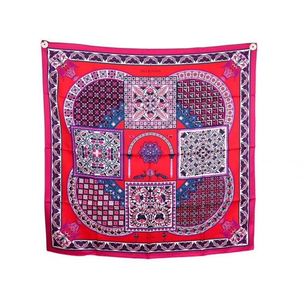 NEUF FOULARD HERMES CIELS BYZANTINS JULIA ABADIE CARRE 90 SOIE FUSHIA SCARF 495€