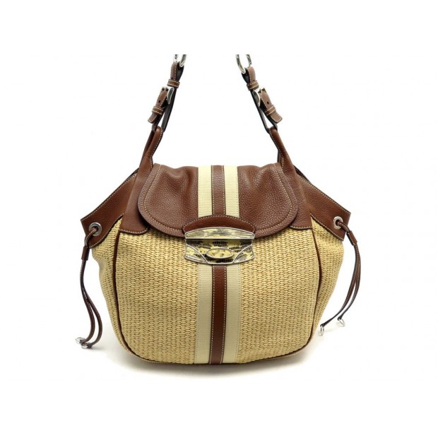 SAC A MAIN PRADA BESACE EN RAPHIA FERMOIR CUIR LEZARD BANDOULIERE HAND BAG 2500€