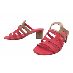 NEUF CHAUSSURES HERMES CELENA H211210Z 37 SANDALES A TALONS EN CUIR FUSHIA 615€