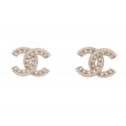 NEUF BOUCLES D'OREILLES CHANEL LOGO CC & STRASS METAL DORE GOLD EARRINGS 650€