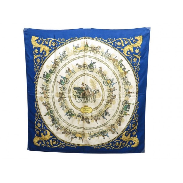 FOULARD HERMES LA PROMENADE DE LONGCHAMPS LEDOUX CARRE EN SOIE BLEU SCARF 350€