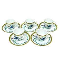 LOT DE 5 TASSES A CAFE ET SOUCOUPES HERMES TOUCANS PORCELAINE VERTE BLANCHE 805€