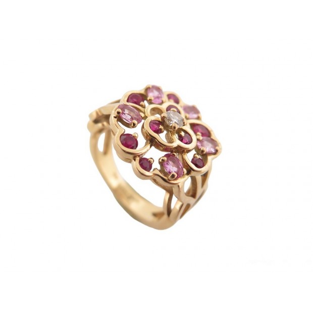 BAGUE CHANEL CAMELIA T50 EN OR JAUNE 18K RUBIS & DIAMANT 0.1 CT YELLOW GOLD RING