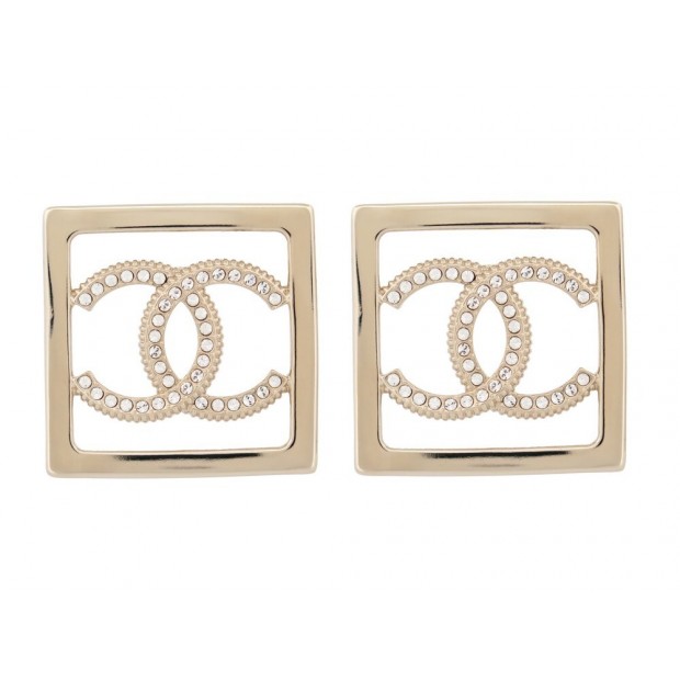 NEUF BOUCLES D'OREILLES CHANEL LOGO CC CARRE STRASS ABA289 DORE EARRINGS 1090€