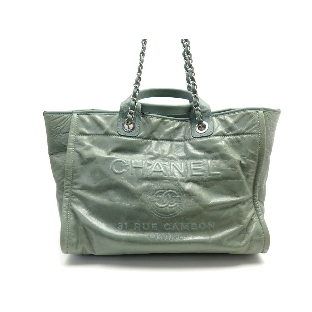 Handbags Chanel Chanel Cabas Deauville Medium Handbag Green Leather Green Leather Tote Bag