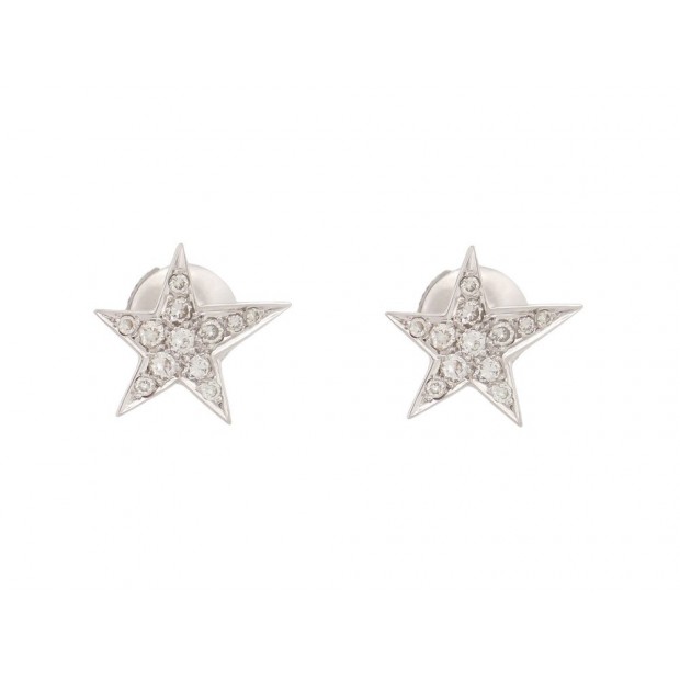 BOUCLES D'OREILLES ETOILE PAVEE EN OR BLANC 18K DIAMANTS 0.1CT GOLD EARRINGS