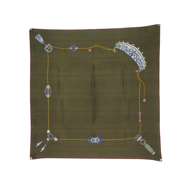 NEUF FOULARD CARTIER COURONNE CARRE 90 CM EN SOIE BROCHEE KAKI NEW SCARF 450€