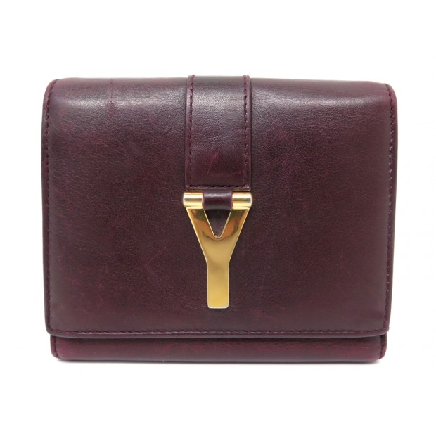 PORTEFEUILLE COMPACT SAINT LAURENT Y LINE 328599 CUIR PRUNE LEATHER WALLET 450€