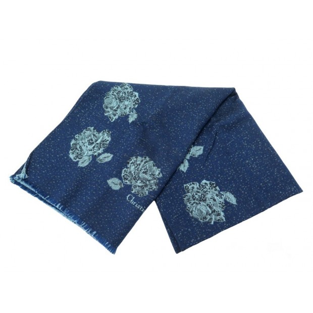 NEUF ECHARPE CHRISTIAN DIOR FLEURS EN LAINE BLEU MARINE NEW BLUE WOOL SCARF 750€