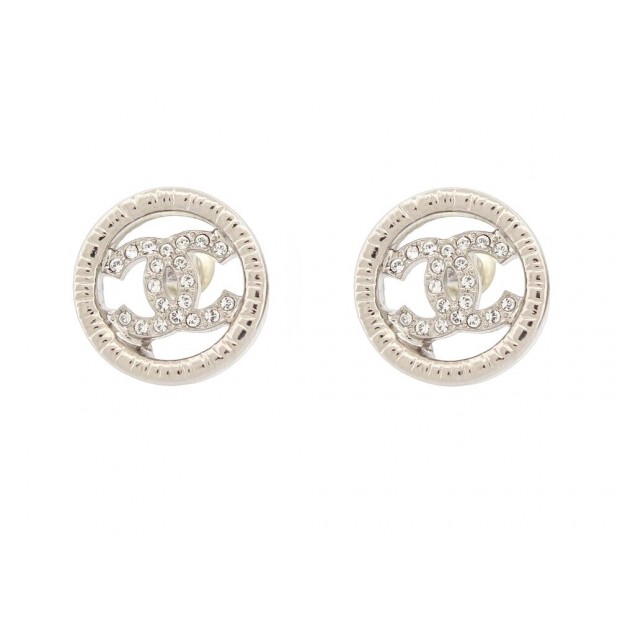 NEUF BOUCLES D'OREILLES CHANEL LOGO CC ET STRASS METAL DORE GOLD EARRINGS 650€