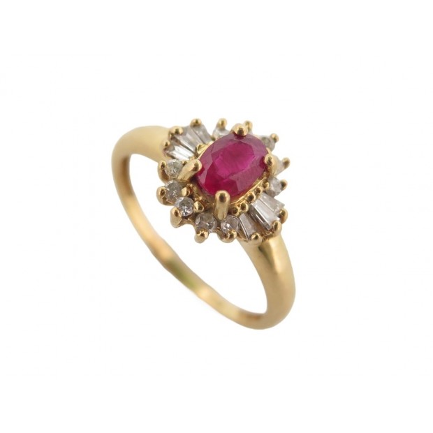 BAGUE MARQUISE T55 EN OR JAUNE 18K SERTIE RUBIS 0.7CT & 10 DIAMANTS 0.17 CT RING