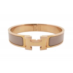 BRACELET HERMES CLIC H 17 CM EN METAL DORE ET EMAIL MARRON GLACE BANGLE 615€