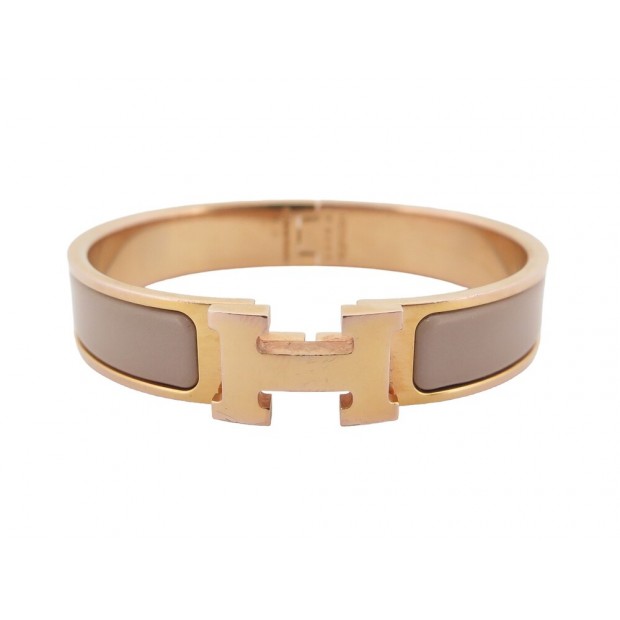 BRACELET HERMES CLIC H 17 CM EN METAL DORE ET EMAIL MARRON GLACE BANGLE 615€