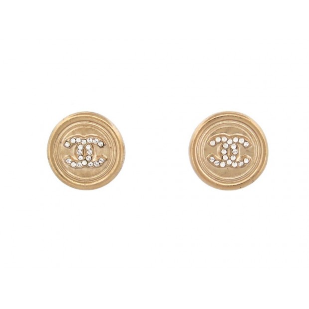 NEUF BOUCLES D'OREILLES CHANEL LOGO CC ET STRASS METAL DORE GOLD EARRINGS 650€