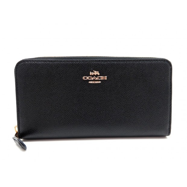 NEUF PORTEFEUILLE COACH ACCORDION ZIP 57713 CUIR GRAINE NOIR BLACK WALLET 195€