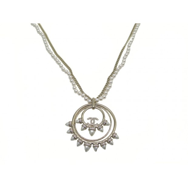 NEUF COLLIER CHANEL PENDENTIF 99CM LOGO CC CHAINE DOREE & PERLES + BOITE PENDANT