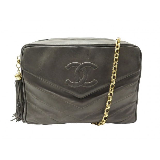 VINTAGE SAC A MAIN CHANEL CAMERA LOGO CC CUIR CHEVRON GRIS HAND BAG PURSE 6500€