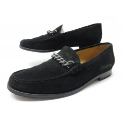 CHAUSSURES HERMES MOCASSINS CHAINE 38.5 DAIM NOIR SUEDE LOAFERS SHOES 800€
