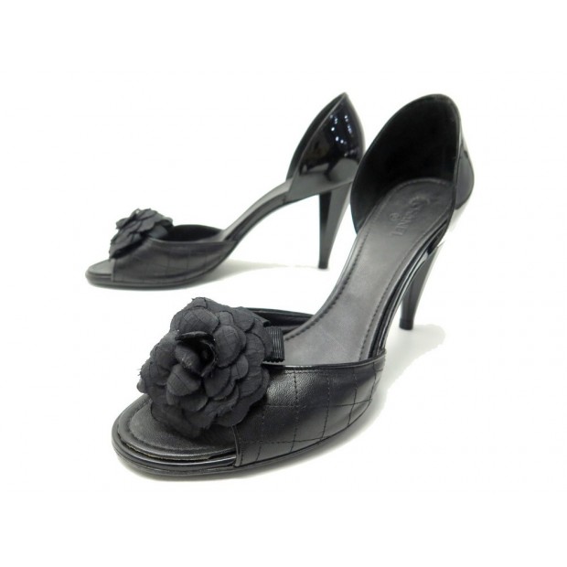 NEUF CHAUSSURES CHANEL SANDALES A TALONS CAMELIA MATELASSE 41 NOIR SHOES 1280€