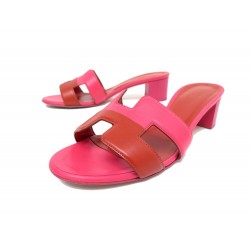 CHAUSSURES HERMES MULES A TALONS OASIS 35 CUIR ROUGE CORAIL FUSHIA SHOES 625€