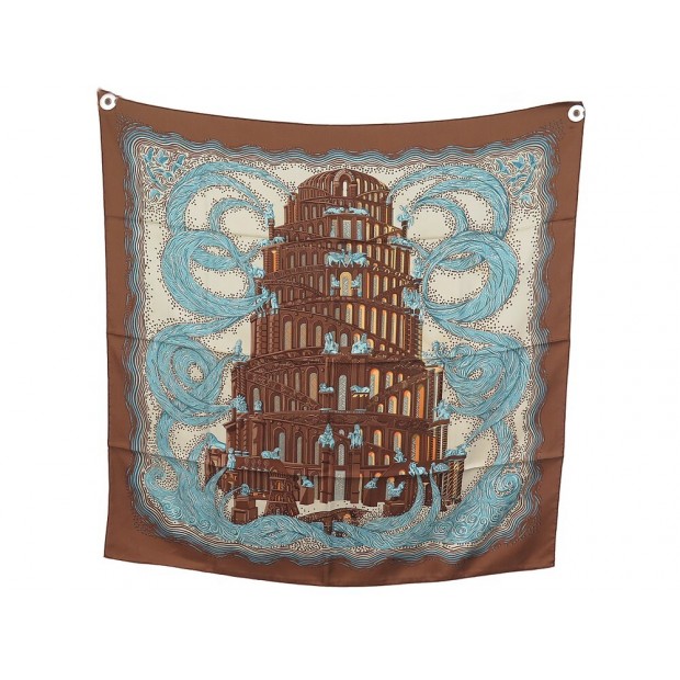 RARE FOULARD HERMES LES RIVIERES DE BABEL EN SOIE A. FAIVRE CARRE 90 SILK SCARF