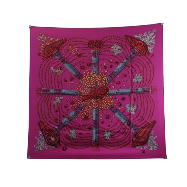 NEUF FOULARD HERMES CHEMINS DE CORAIL ANNIE FAIVRE SOIE FUSHIA SILK SCARF 460€