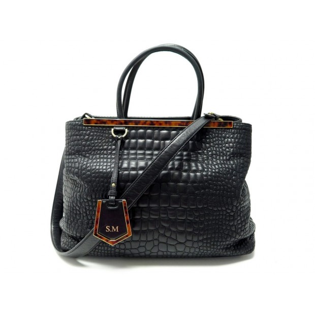 SAC A MAIN FENDI CABAS 2 JOURS 8BH250 EN CUIR NOIR FACON CROCO HAND BAG 1750€