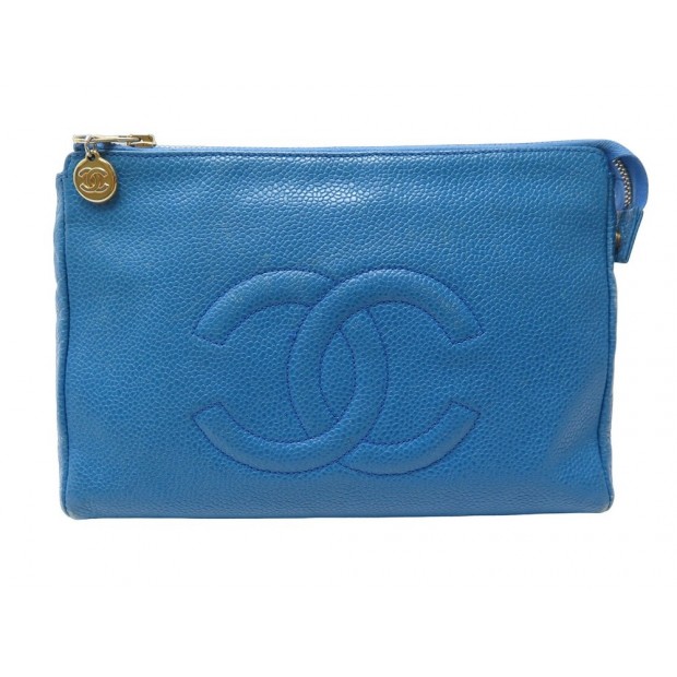 VINTAGE TROUSSE CHANEL LOGO CC COSMETIQUE CUIR CAVIAR BLEU LEATHER POUCH 1240€